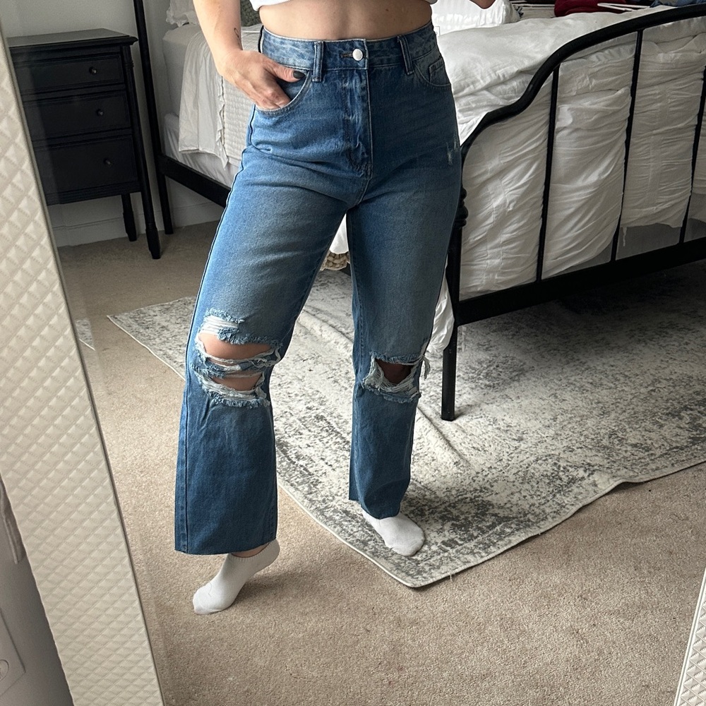 SHEIN Blue Straight Leg Distressed Jeans